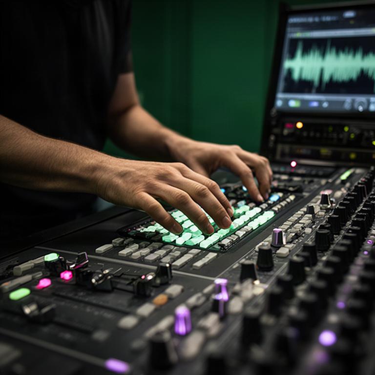 放送スタジオのデジタル音声ミキシングコンソールを操作するスタッフの手元