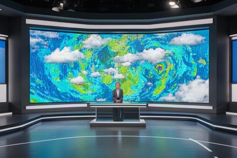 LEDウォールに天気図と雨雲レーダーを表示するニューススタジオの天気予報コーナー