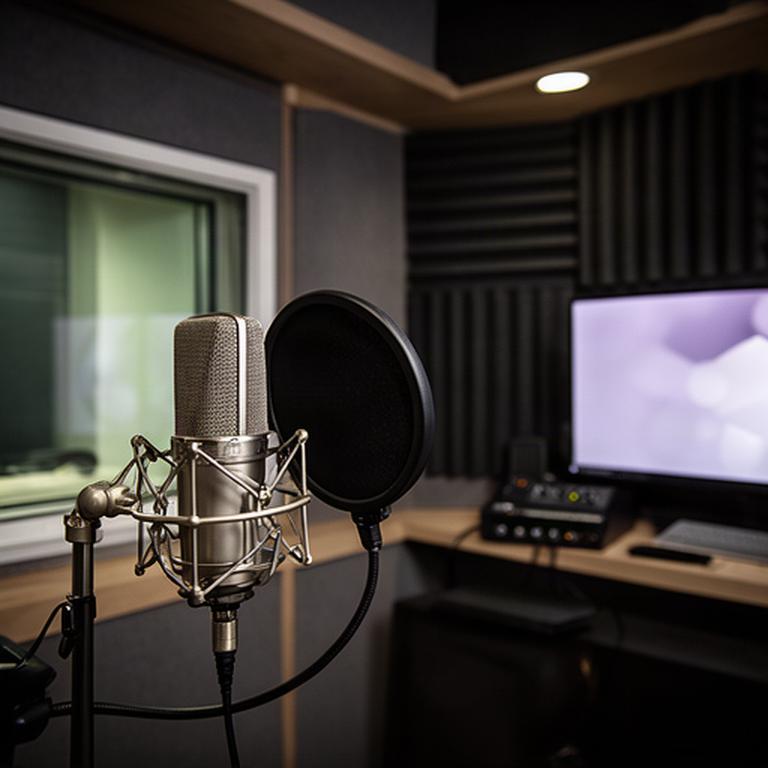 声優収録スタジオの静音ブースとコンデンサーマイク、台本モニターを備えた室内